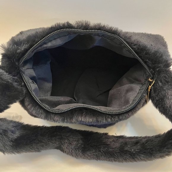 Furry Fluffy Soft Plush Shoulder Mini Hobo Handbag - NWT - Black - Picture 8 of 11
